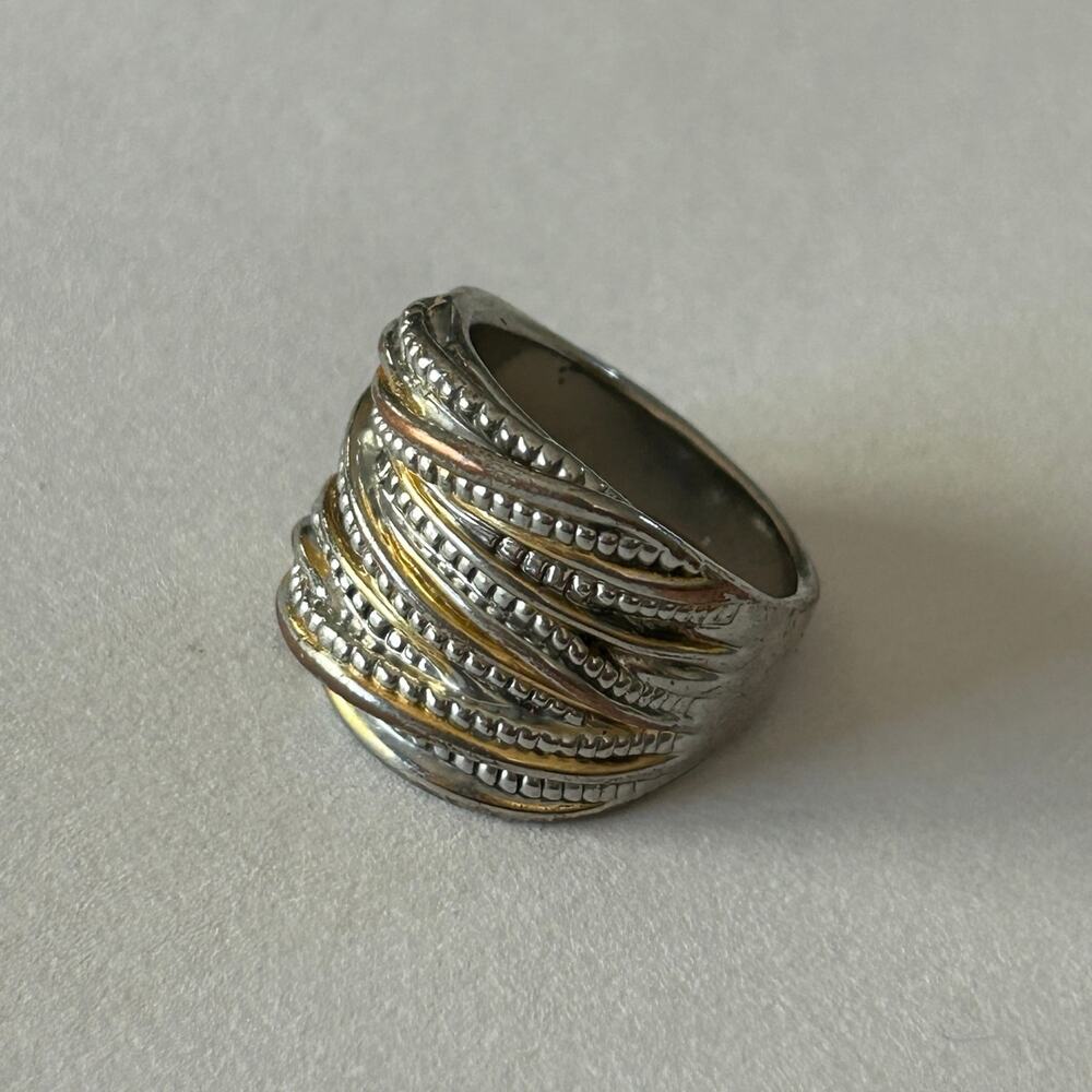 Two-Tone Silver & Gold-Tone Ribbed Statement Ring Size 7